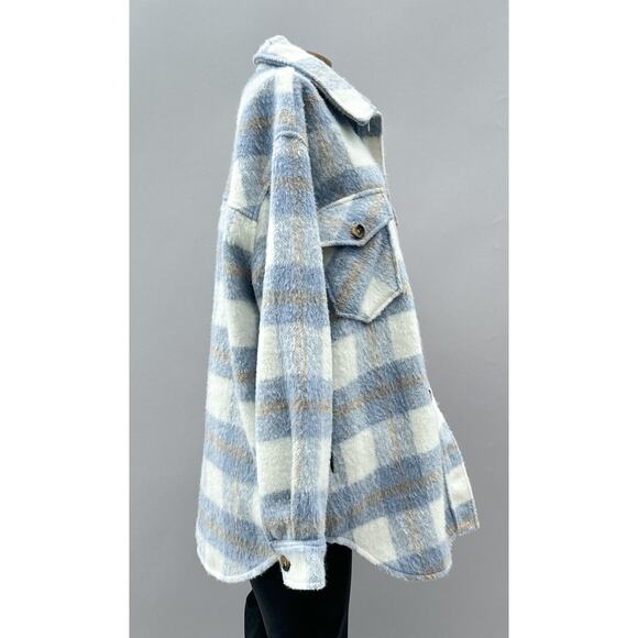 RDI Brushed Plaid Flannel Brushed Oversized Shacket Jacket Blue Women's Size L - Picture 7 of 12